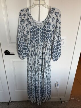 Hunter Bell Bohemian Floral Maxi Dress - Blue Floral on White